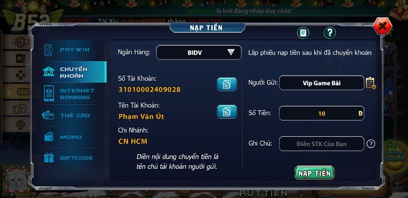 Nạp tiền dễ dàng tại B52 Club